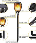 Diagram of Outdoor Solar Flame Torch Lights Waterproof Mood Lighting For Pathway Patio Yard Garden With Auto Dusk To Dawn On Off 96 LED Flame Effect Glow Yellow, detailing solar panel, ABS material, and components.