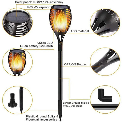 Diagram of Outdoor Solar Flame Torch Lights Waterproof Mood Lighting For Pathway Patio Yard Garden With Auto Dusk To Dawn On Off 96 LED Flame Effect Glow Yellow, detailing solar panel, ABS material, and components.