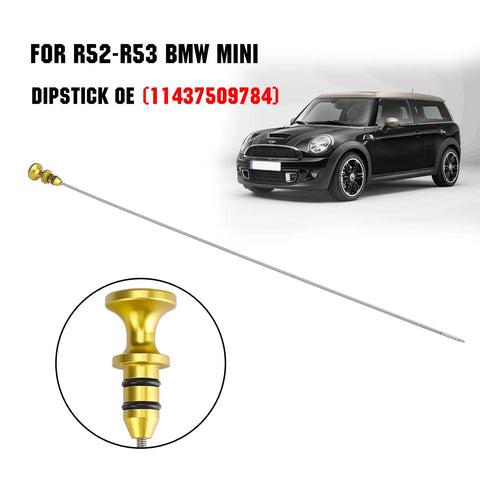 Image of Engine Oil Dipstick With Innovative Oil Level Reading System For Mini Cooper S R52 R53 2002 2008 Clubman Paceman Convertible All Engines OE 11437509784 Easy Fit Accurate Oil Level Check No More Guesswork, showing a yellow billet aluminum dipstick with scale against a Mini Cooper car backdrop.