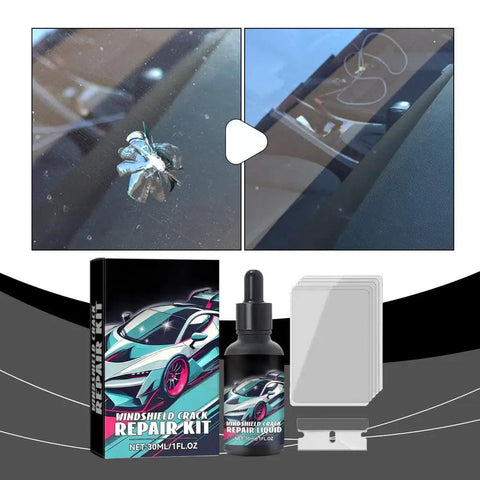 DIY Windshield Crack Repair Kit For Chips And Stars Quick Glass Fix That Stops Cracks From Spreading Easy No Removal Car Windshield Repair For A Clear Finish In Minutes, shown with repair bottle, applicator, and repaired glass example.