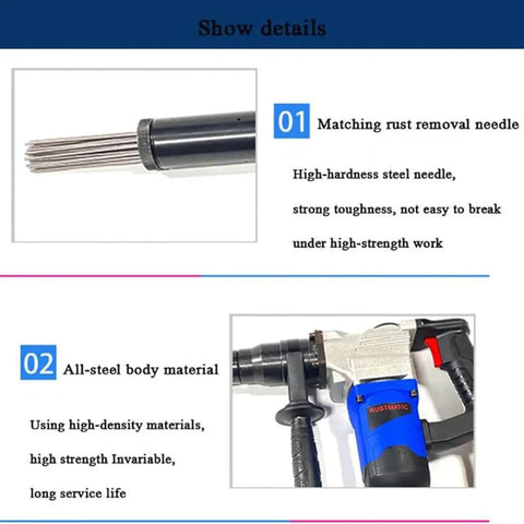 Professional Electric Needle Scaler Tool Crankcase 4500 RPM with high-hardness steel needle for rust removal.