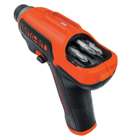 4V Max Cordless Electric Screwdriver With 180 RPM 8 Bits And Rotating Bit Cartridge Built In Storage LED Light For Quick Bit Access Batteries Included Perfect For Home DIY Projects showing side view with bit storage