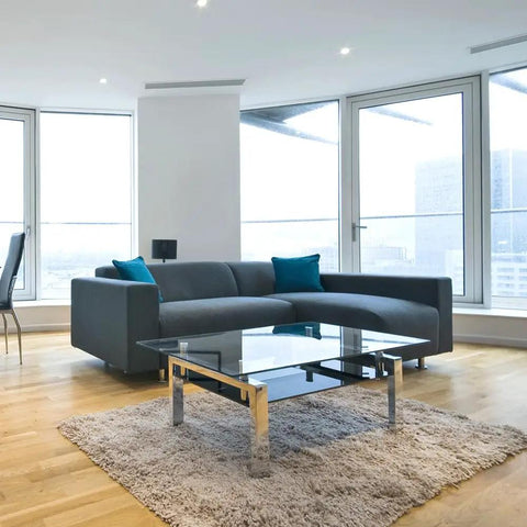 Living room with 24 Inch Square Glass Table Top 1/4 Inch Thick Tempered Replacement Glass With Flat Polished Edge And Eased Corners.