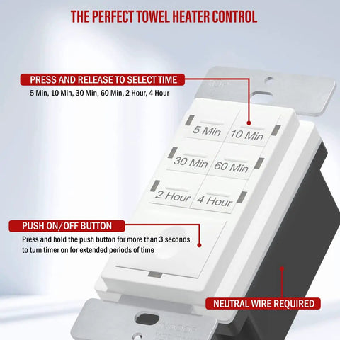 Two Pack Countdown Timer Switch for Lights and Fans Presets 5 10 30 60 Minutes and 2 4 Hours 120V featuring control buttons