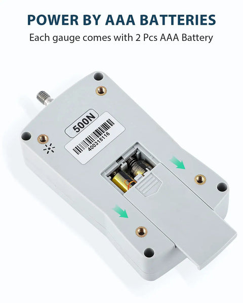 Go To Portable 500N Digital Force Gauge Push Pull Tester With Case, Four Measurement Units N Lb Kg Oz, Max Load 500N 50kg 110lb 1800oz, Accuracy About One Percent, Battery Powered With Two AAA, Three Measurement Modes. Rear view with AAA battery compartment