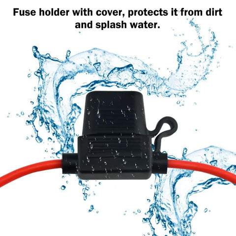 Heavy Duty Inline Fuse Holder Kit For Mini Blade Fuses, 14 Gauge Wire, with weatherproof cover and water splash illustration