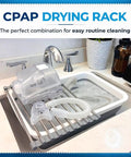 CPAP equipment on drying rack with water basin, part of Hose And Mask Cleaning Kit With Extra Thick 6.9 Foot Tubing Brush, drying and storage.
