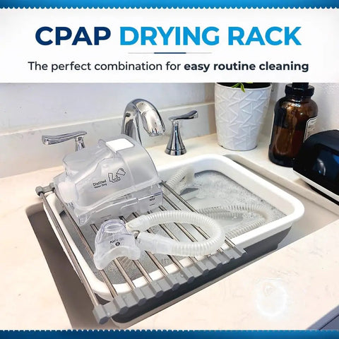 CPAP equipment on drying rack with water basin, part of Hose And Mask Cleaning Kit With Extra Thick 6.9 Foot Tubing Brush, drying and storage.