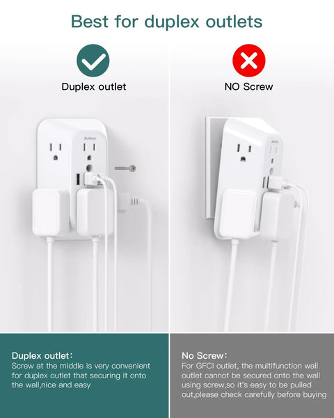 Comparison image showing Badass Surge Protector Outlet Extender with duplex outlet compatibility and secure screw feature.
