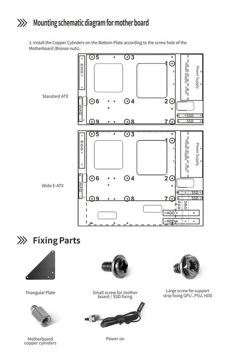 Mounting diagram and fixing parts for Open Air PC Test Bench Frame For ATX ITX Micro ATX Motherboards, Open Chassis Case Rack.