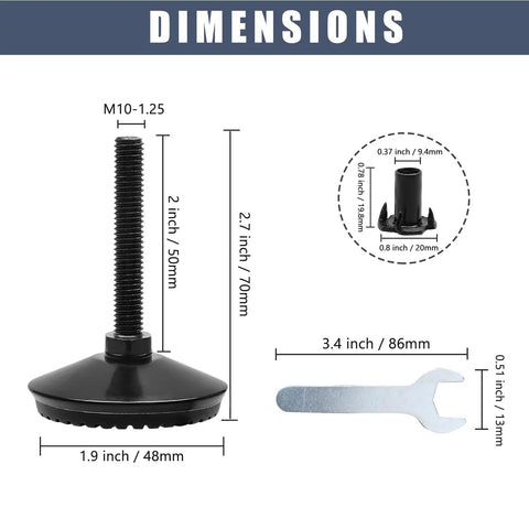 Dimensions of 4 Pack M8 Furniture Levelers Adjustable Feet For Tables, Sofas, Cabinets, And Workbenches with wrench shown
