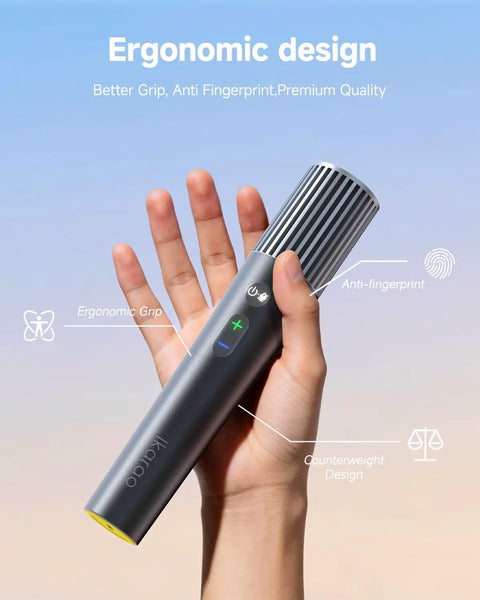 Person holding a handheld mic from Wireless Karaoke Microphone Set With Dual Channel Receiver And UV Self Cleaning Storage Case