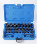 Top Tier 33 Piece Broken Bolt Extractor Set With Spiral Socket Nut Remover Kit For Cars And Trucks, CR-MO Steel Gear To Fix Rusty Bolts Fast In Your Garage Shop Or Workshop. Blue case with 33 CR-MO spiral socket extractors