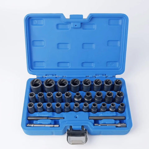 Top Tier 33 Piece Broken Bolt Extractor Set With Spiral Socket Nut Remover Kit For Cars And Trucks, CR-MO Steel Gear To Fix Rusty Bolts Fast In Your Garage Shop Or Workshop. Blue case with 33 CR-MO spiral socket extractors