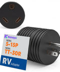 Rugged 15 To 30 Amp Rv Power Adapter Nema 5-15P To Tt-30R Plug In Converter For Home Outlet And Travel Trailer black plug with clear label.