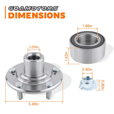 Dimensions view of 2 Piece Front Wheel Hub Bearing Kit For Honda Civic Accord Insight And Acura ILX TL TSX 1.5L Replaces 44600-TBC-A00 And 44300-TBC-A01 Front Driver And Passenger Sides, featuring measurements in inches for hub, bearing, and nut.