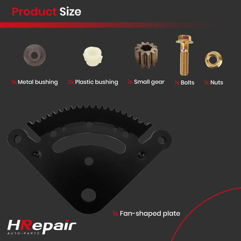 Badass Steering Sector Pinion Gear Rebuild Kit includes metal bushing, plastic bushings, small gear, bolts, nuts, fan-shaped plate.
