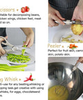 33 Piece Silicone Kitchen Utensil Set For Nonstick Pans With Stainless Steel Tools includes kitchen scissors, peeler, whisk in use.