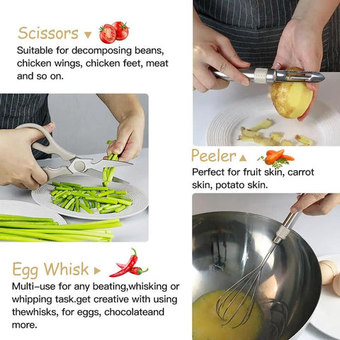 33 Piece Silicone Kitchen Utensil Set For Nonstick Pans With Stainless Steel Tools includes kitchen scissors, peeler, whisk in use.