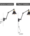 Slick Plug In Wall Sconce With Hella Smooth Dimmer Control And Flexible Swing Arm Featuring E26 Socket Ul Certified 6 Foot Cord Plus Zero Hassle Ambient Setting For Bedroom Or Living Space showing hardwire and plug-in installation options.