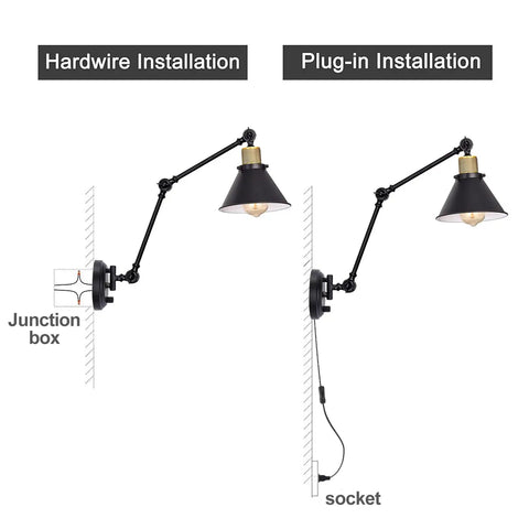 Slick Plug In Wall Sconce With Hella Smooth Dimmer Control And Flexible Swing Arm Featuring E26 Socket Ul Certified 6 Foot Cord Plus Zero Hassle Ambient Setting For Bedroom Or Living Space showing hardwire and plug-in installation options.