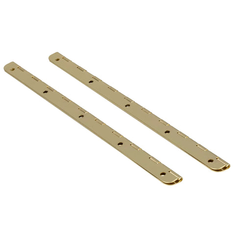 Premium Long Brass Plated Piano Hinges With A Firm 90 Degree Stop And Included Fasteners Heavy Duty Steel Design, two strips.