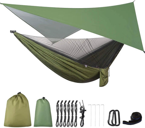 Go To Camping Hammock With Rain Fly Tarp And Built In Mosquito Net, Tree Straps Included, shown with accessories on white background