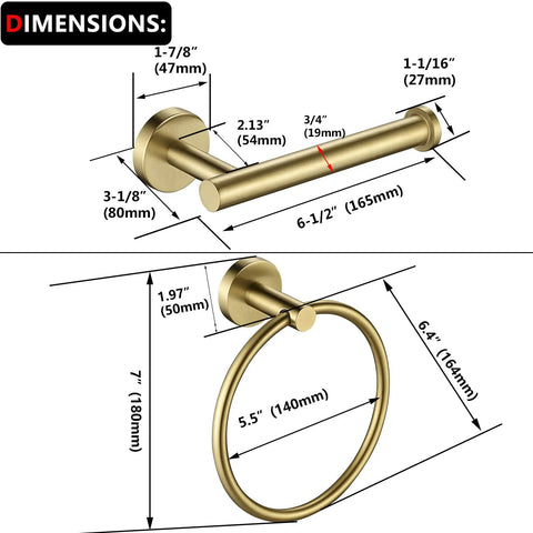 Gold Toilet Paper Holder And Towel Ring Set, SUS304 Stainless Steel, hand brushed finish, with detailed dimensions view