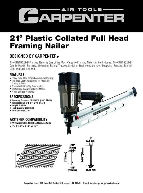 21 Degree Full Round Head Framing Nailer With Tool Free Depth Adjustment shown in product manual