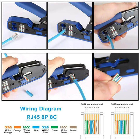 Pro Grade All In One Ethernet Crimp Tool Kit for RJ45 Cat5e Cat6 Pass Through Connectors, demonstrating wiring and crimping process