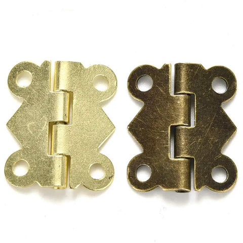 Mini Hinges 20x17mm For Dollhouse Wood Boxes Cabinets And Jewelry Boxes, pack of 10, shown in brass finish, side by side