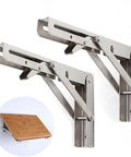 Heavy Duty Rock Solid Folding Wall Mount Shelf Brackets Crafted From Premium Stainless Steel With A Durable Matte Black Coating, shown open with shelf.