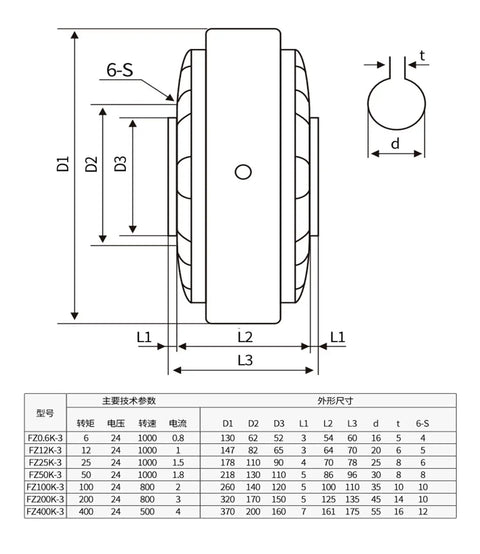 Technical drawing of Heavy Duty Magnetic Powder Brake With Dual Axis Clutch And Hollow Core Tension Controller For 0.6 To 40 Kg Torque, Single Axis, Hole Type Brake