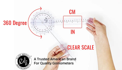 Three Piece Goniometer Set With 12 Inch, 8 Inch, And 6 Inch Plastic Goniometers Plus Handy Carrying Case For Precise Joint Range Of Motion Measurements And Rehab Workouts, clear scale and 360-degree dial