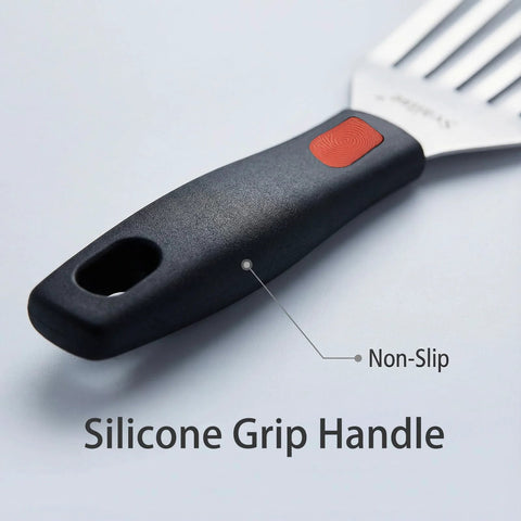 Close-up of 10.3-inch fish spatula with slotted stainless steel blade and black silicone grip handle