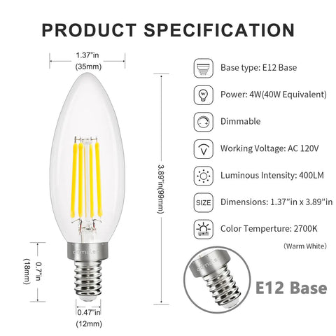 Dimmable E12 LED Candelabra Bulbs For Chandeliers And Ceiling Fans 2700K Warm White 40W Equivalent B11 Edison Filament Style 400 Lumen Pack Of 6 Eye Friendly Dimmer Compatible