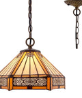 Tiffany Style Yellow Hexagon Pendant Light Fixture with Stained Glass, 12 Inch Shade, Antique Green Bronze Base, Mission Hanging Lamp
