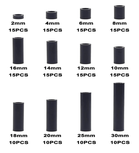 ABS Plastic Unthreaded Spacers Kit For M4 Screws With 7mm Outer Diameter And 4.2mm Inner Diameter Black Round Spacers Including Clearance Spacers In Assorted Lengths From 2mm To 30mm, displayed in various lengths and quantities.