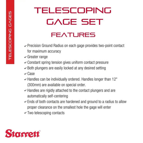 Telescoping Gage Set For True Size Holes Slots And Recesses Self Centering With Two Arms 5/16 To 2-1/8 Inch Range And 2-3/8 To 12 Inch Handle Length Precision Ground Radius For Two Point Contact Pro Grade Machining