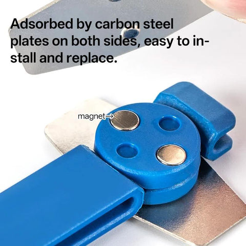 Front view: blue plastic bicycle hydraulic disc brake piston reset tool with magnets and caliper spreader.