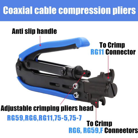Coax Cable Crimper Kit With Adjustable Reversible Stripper And F Male And Female Connectors For RG6 RG59 RG7 RG11