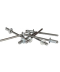 Short Steel Pop Rivets 1/8 Inch Diameter 100 Piece Set For Sheet Metal Leather Fabric And Auto Body Quick Fix Fasteners lying on the surface.