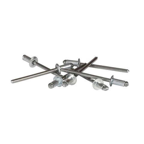 Short Steel Pop Rivets 1/8 Inch Diameter 100 Piece Set For Sheet Metal Leather Fabric And Auto Body Quick Fix Fasteners lying on the surface.