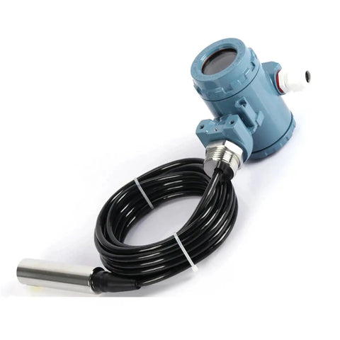Pro Grade Submersible Level And Pressure Transmitter With LED Display And 0 To 5V Analog Output For Real Time Water Level Monitoring Industrial Pressure Sensor And Display Controller, side view with coiled cable.