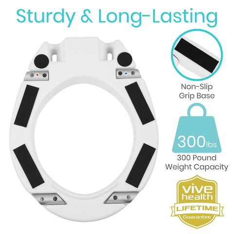 Raised Toilet Seat Riser With Sturdy Side Handles Fits Under Existing Elongated Seats Adds Three Point Five Inches Of Lift Making Get Up And Sit Down An Absolute Breeze For Seniors And Smooth Bathroom Care