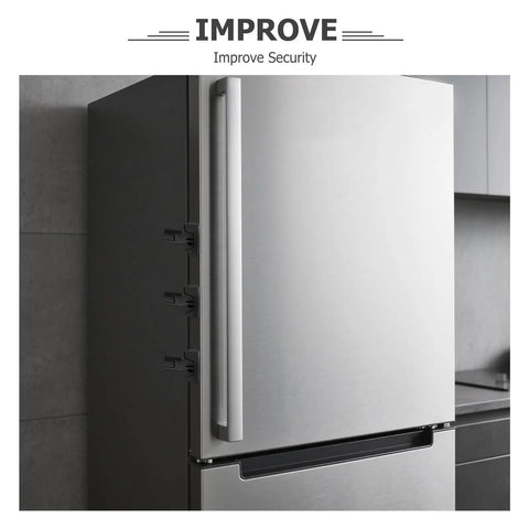 4 Pack Kid Proof Refrigerator Locks With Adhesive No Tool Install ABS Material Modern Black Finish on stainless fridge