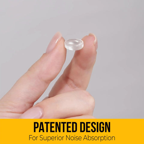 Clear Self Adhesive Cabinet Bumpers 128 Pack held between fingers demonstrating size and silicone material