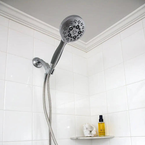 Rio Multi-Function Handheld Shower Head With Hose, Polished Chrome Finish, 5 spray settings in tiled bathroom corner