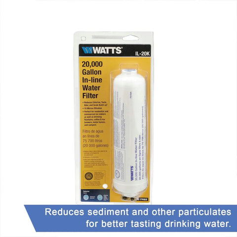 Go-To High Capacity Twenty Thousand Gallon Inline Water Filter With Two One Quarter Inch Brass Connectors, packaging front view.