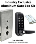 Heavy Duty Gate Lock Kit With CL610 Keyless Entry And Marine Grade Finish Rock Solid Mortise Latch Built Like A Tank For High Traffic Metal Gates Drop In Ready Includes Complete Mounting Hardware - Aluminum gate box, lock, and latch bracket.
